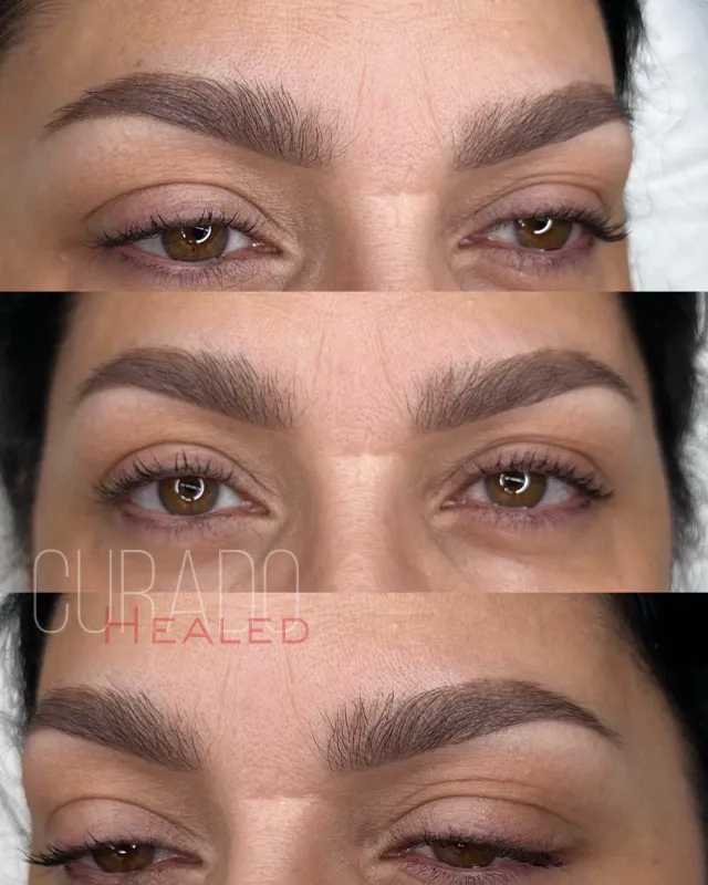 Cejas curadas en tono castaño suave, tres vistas