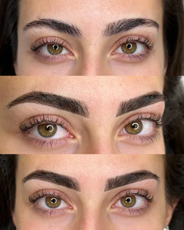 Cejas efecto maquillaje en clienta de ojos verdes: antes, resultado y vista frontal
