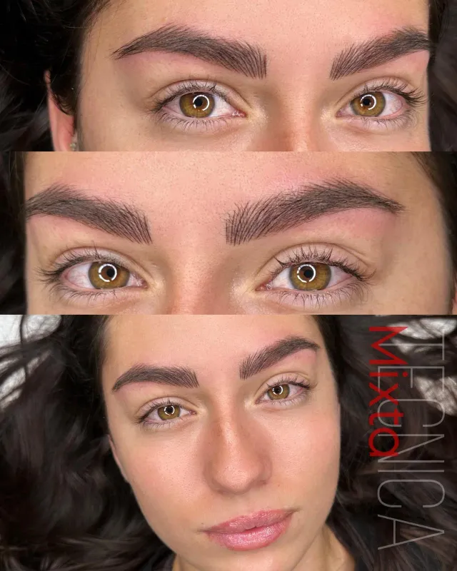 Cejas con técnica mixta de pelo y sombra: antes, resultado y rostro completo