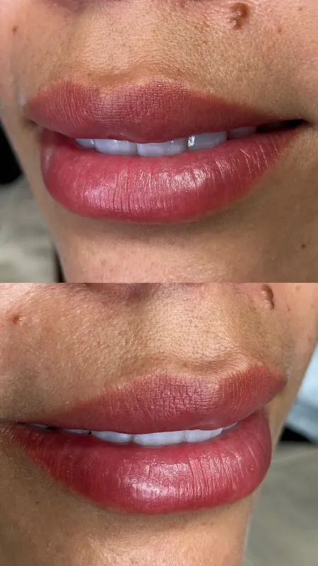 Labios curados en tono frambuesa sobre piel morena, dos vistas