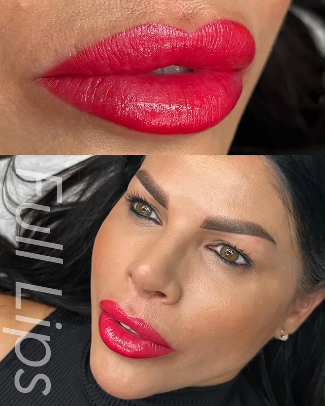 Labios efecto maquillaje en rojo intenso, primer plano y rostro completo