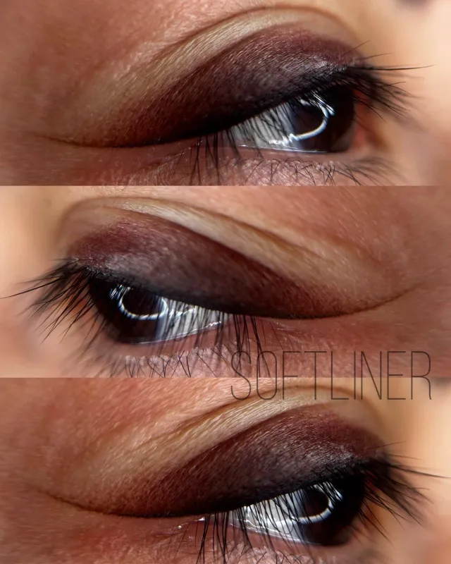 Softliner con ahumado en párpado móvil sobre ojo marrón, tres vistas